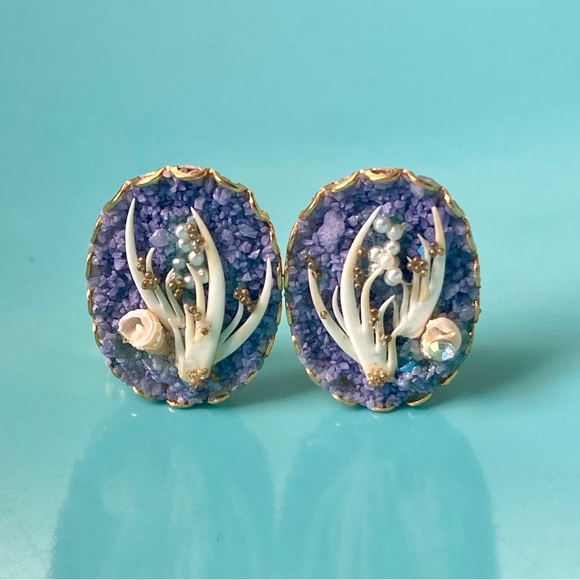 80s Vintage Purple Shell Earrings Mermaidcore Tiny Seed Pearls Shell Clip-Ons - Picture 1 of 11